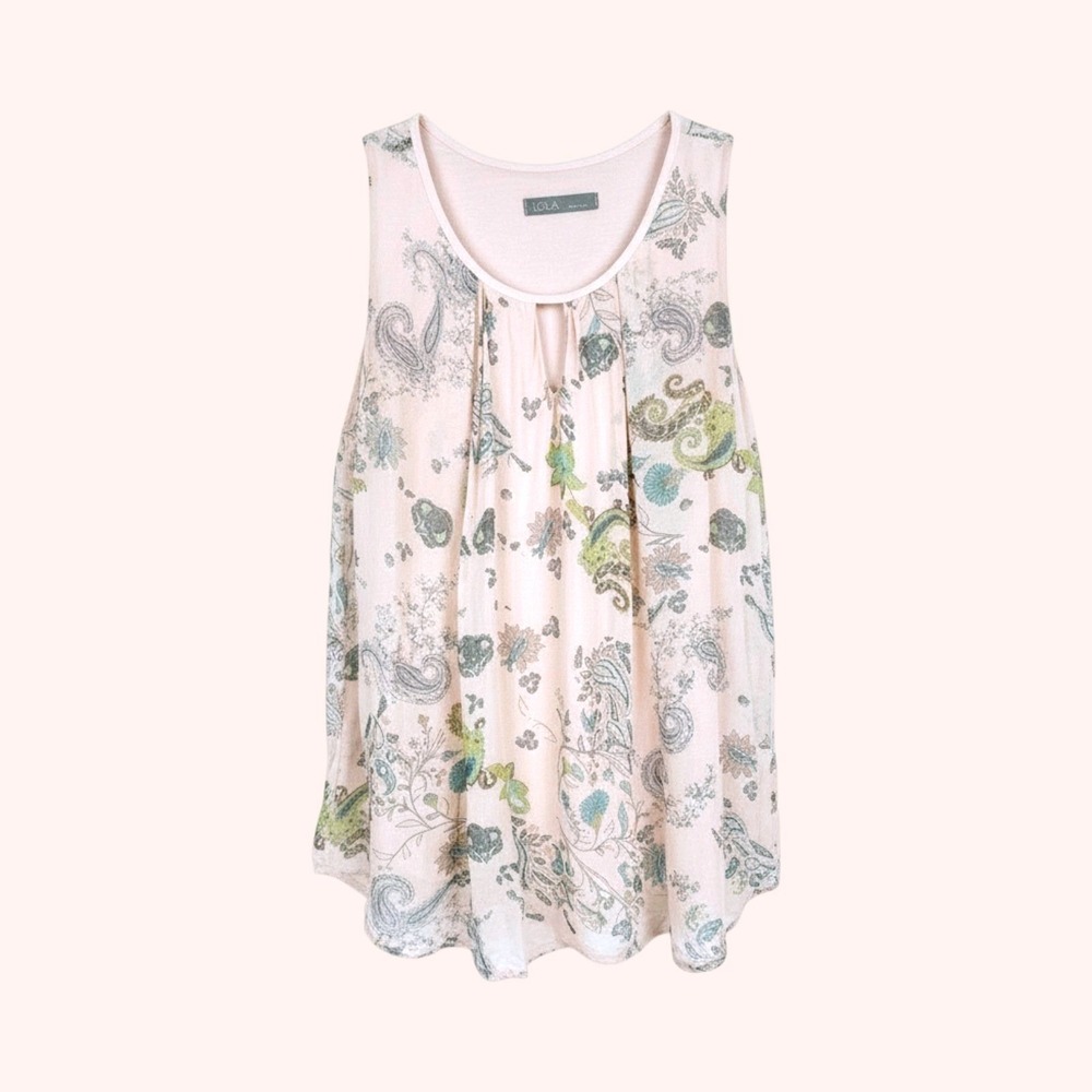 LOLA Italy Bohemian Paisley Silk Blend Romantic Sleeveless Cream Floral Top M